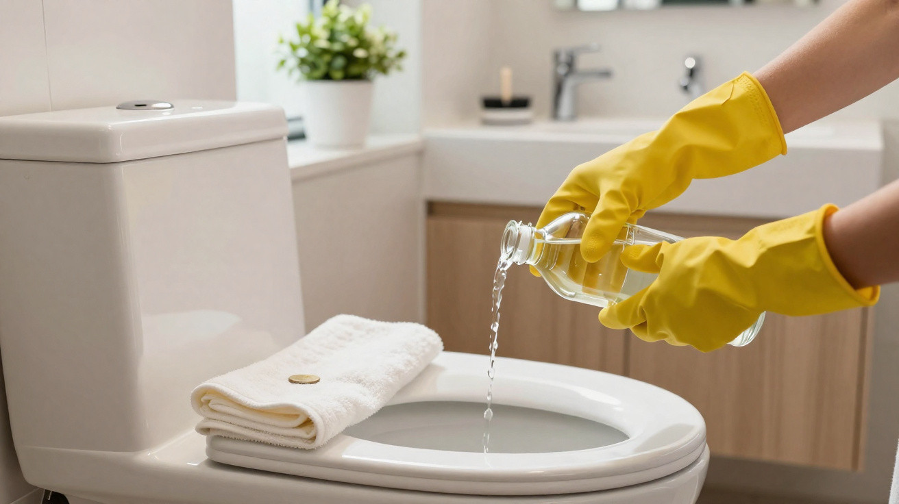 Person wearing yellow gloves pouring cleaning liquid into a toilet bowl in a bathroom.