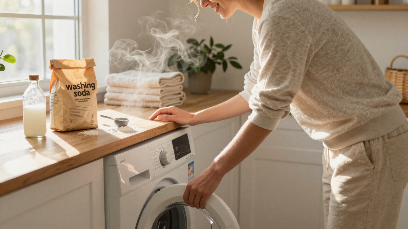 Person in cream clothes loading a front-loading washing machine in a bright laundry room with washing soda and towels nearby.