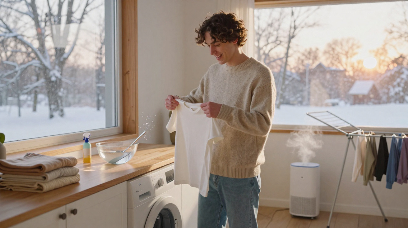 Young man holding a wet white shirt indoors with snowy winter landscape visible through large windows.