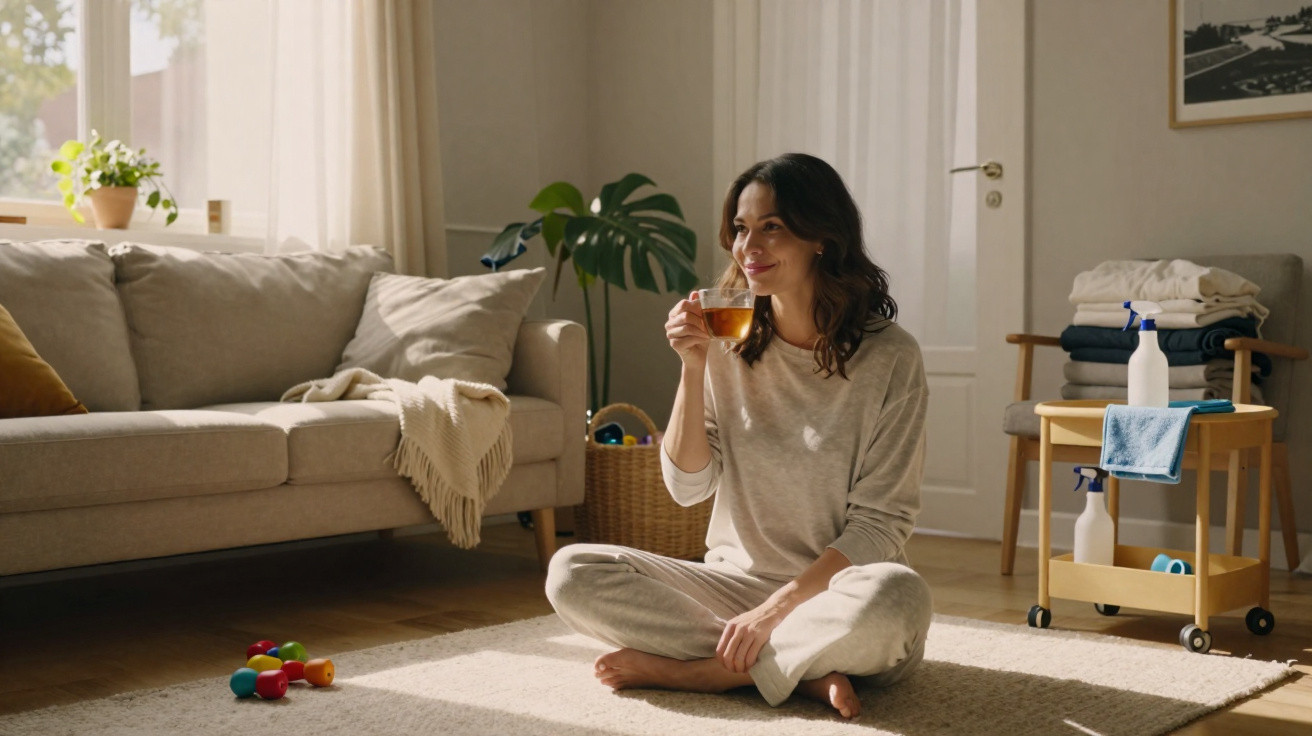 Woman in casual clothes sitting cross-legged on a carpeted floor, enjoying a cup of tea in a bright living room.