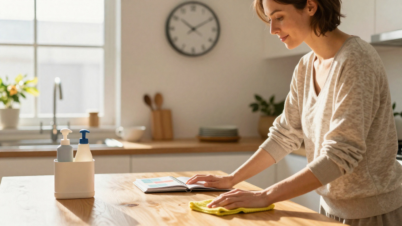 Woman cleaning wooden kitchen table with yellow cloth while reading open notebook in bright kitchen.