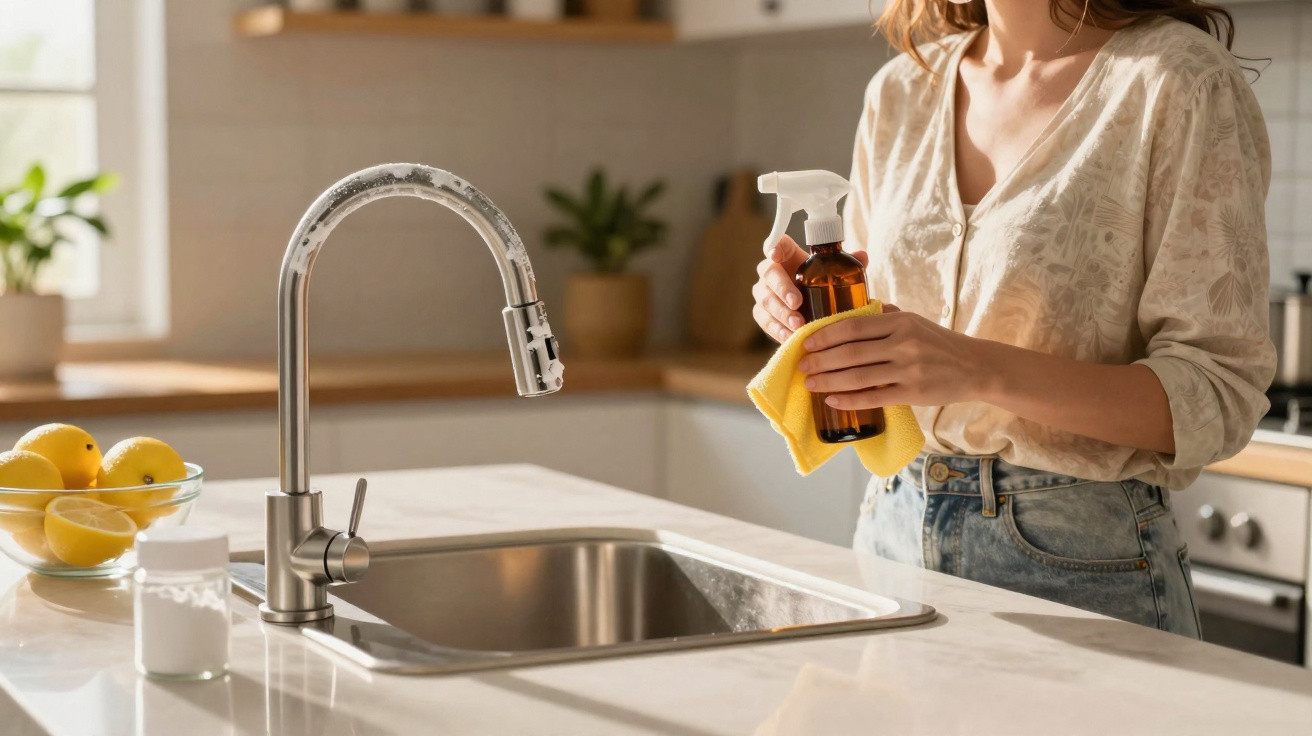 Person holding a spray bottle and yellow cloth near a clean kitchen sink with lemons in a bowl nearby