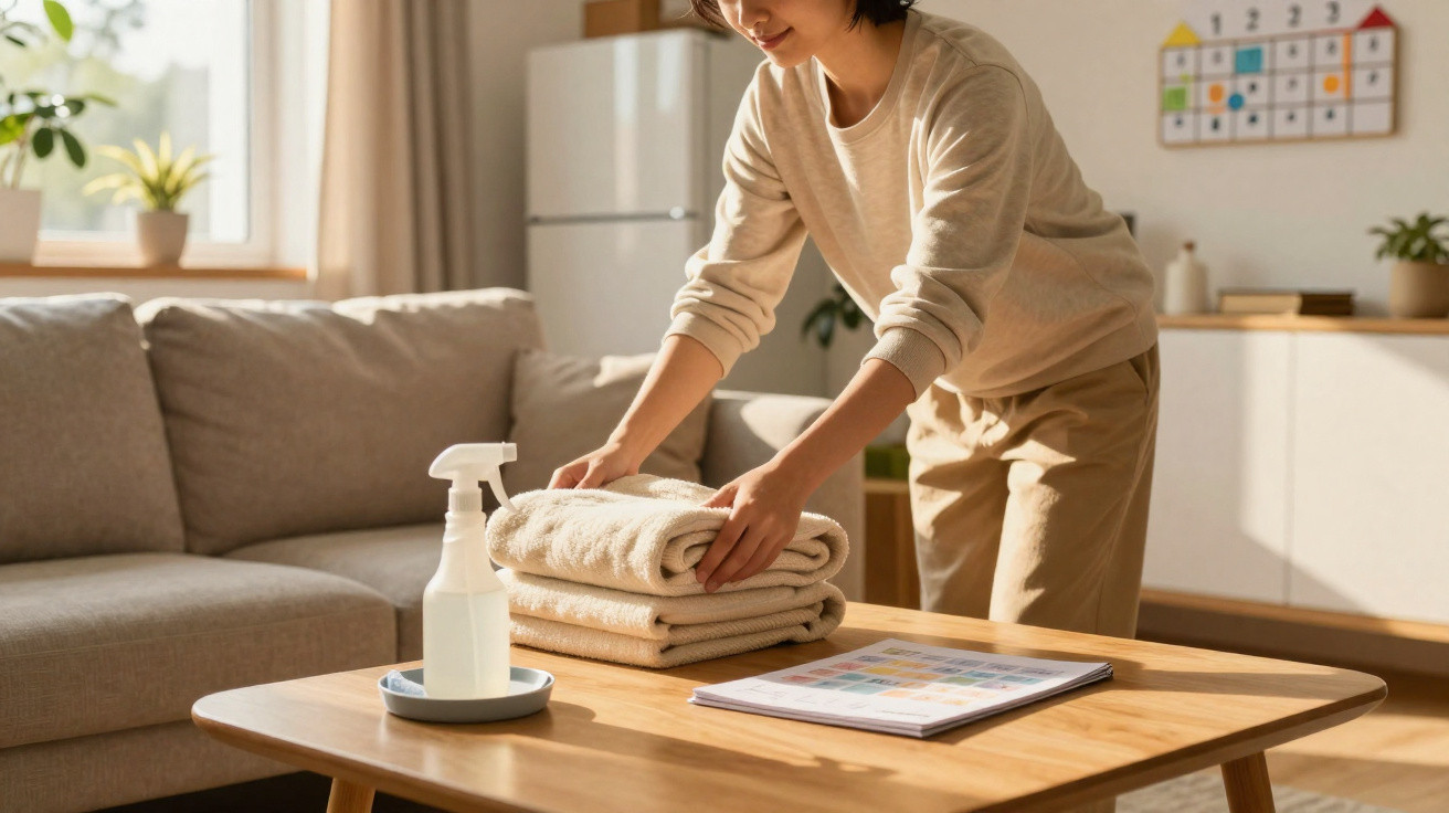 Person folding towels on a wooden table in a sunlit living room with a spray bottle and calendar nearby.