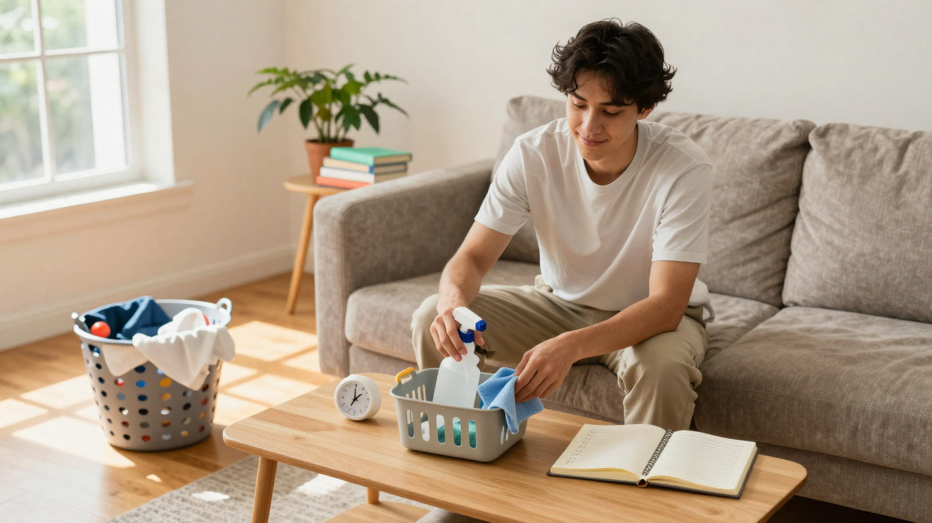 Young man sitting on a sofa preparing cleaning supplies on a wooden table next to an open notebook in a bright living room.