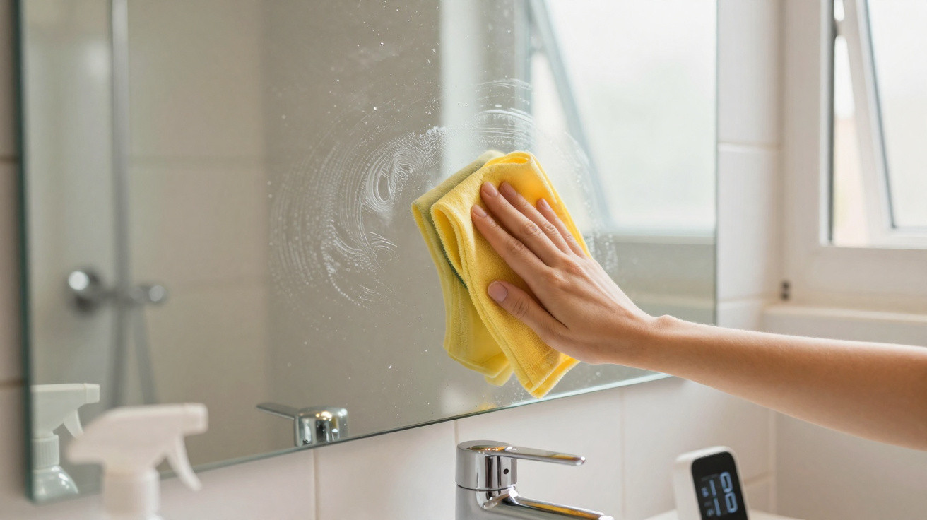 Hand wiping a bathroom mirror with a yellow cloth above a sink with faucet and spray bottle nearby.