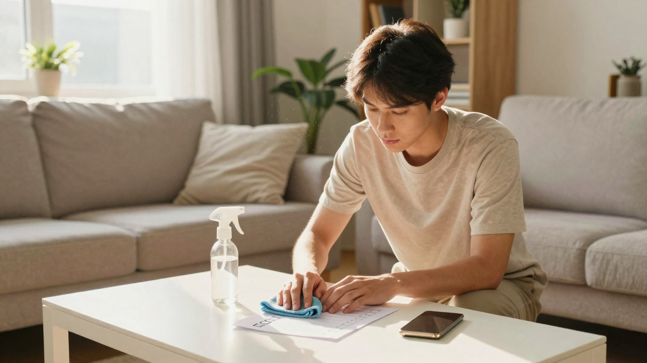 Young man cleaning white coffee table with cloth in bright living room next to spray bottle and smartphone.