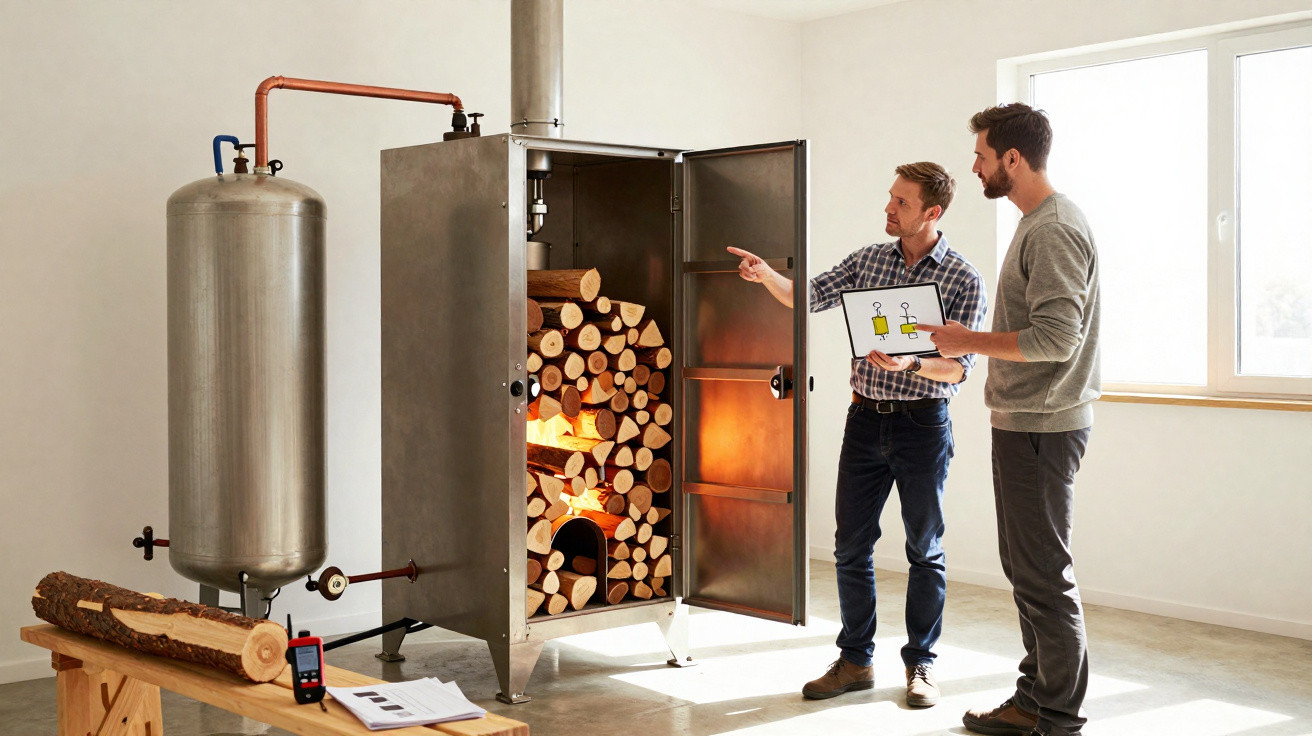 Two men inspecting a wood-burning boiler with stacked logs inside in a bright room.
