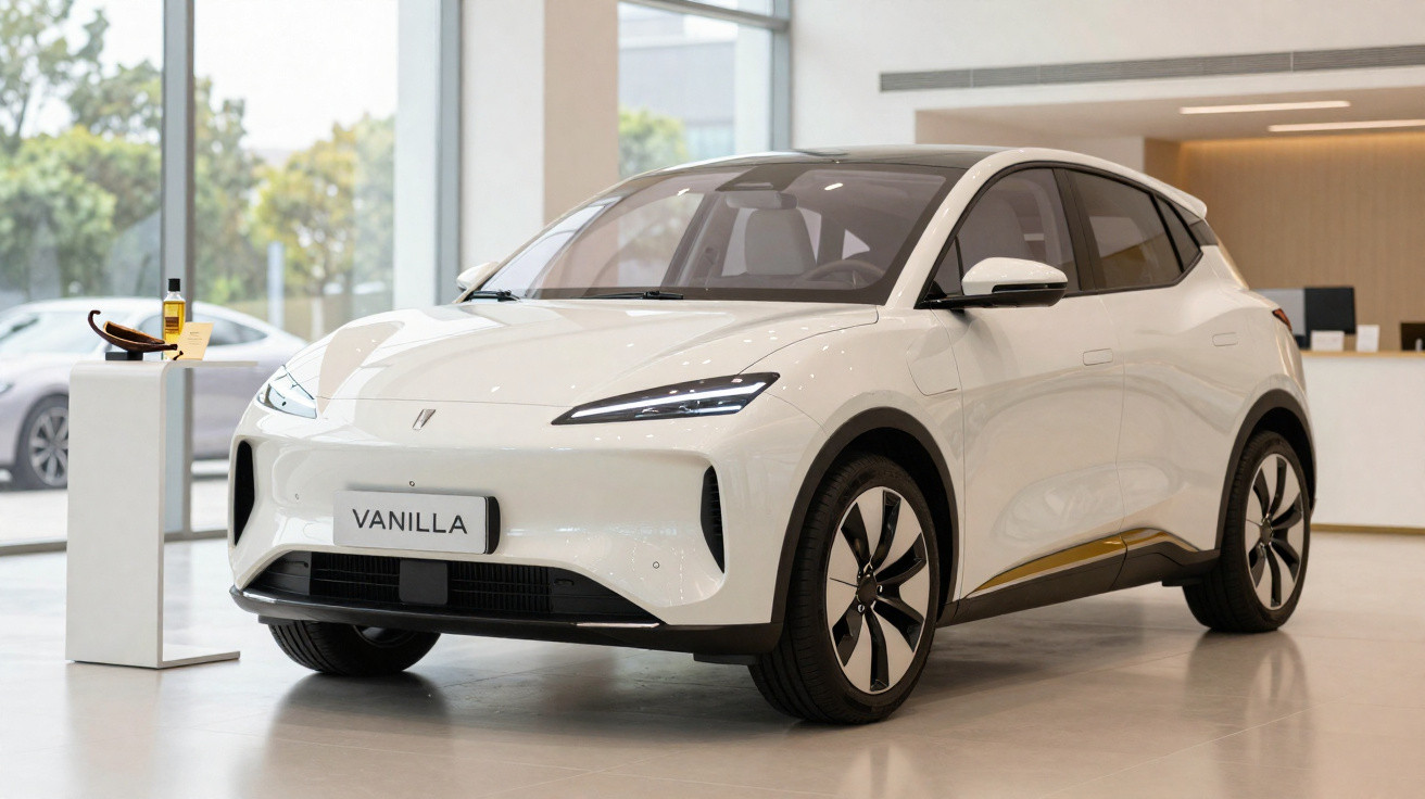 White electric car with sleek design displayed indoors, labelled "VANILLA" on front number plate.