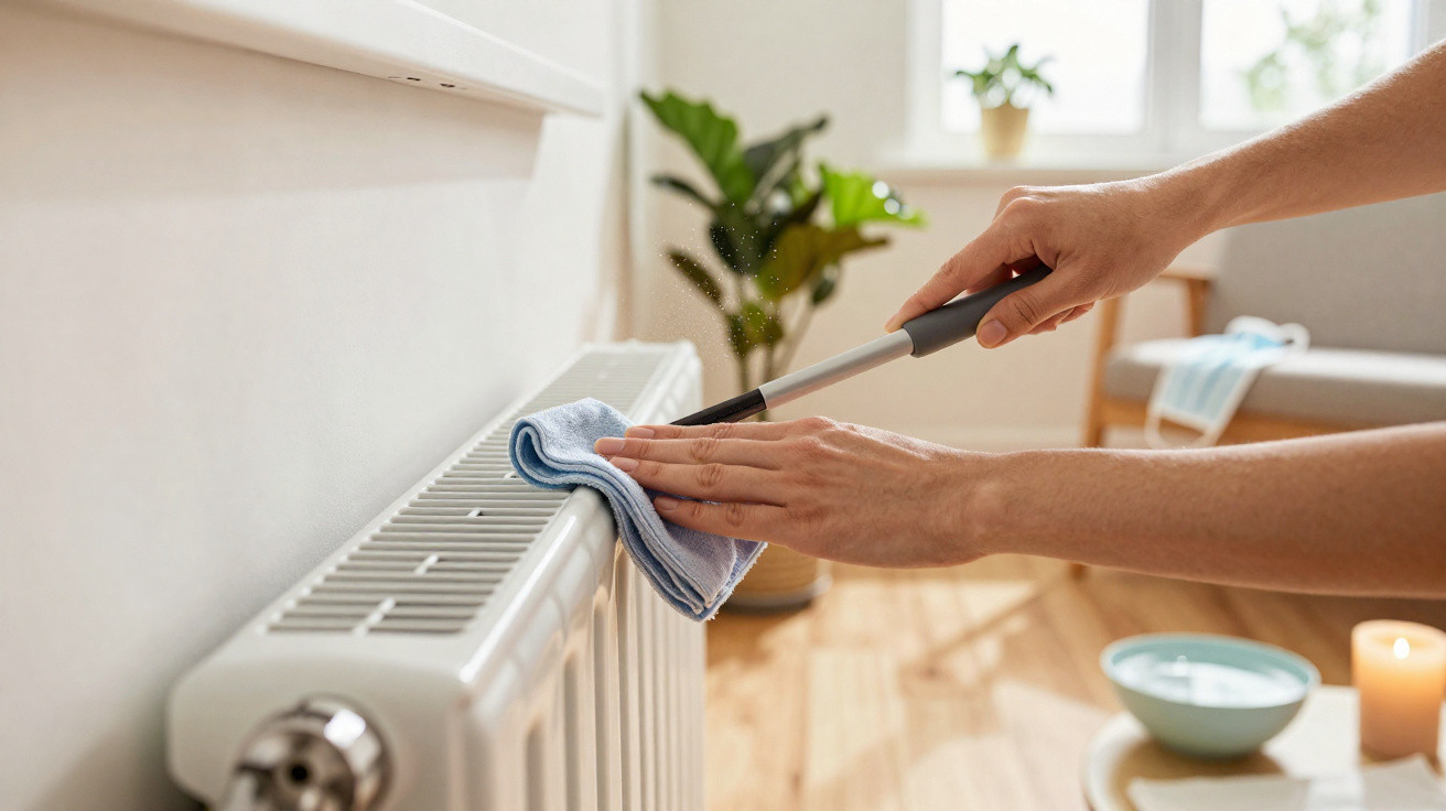 Hands wiping a white radiator with a cloth in a bright, cozy living room with plants and candles.