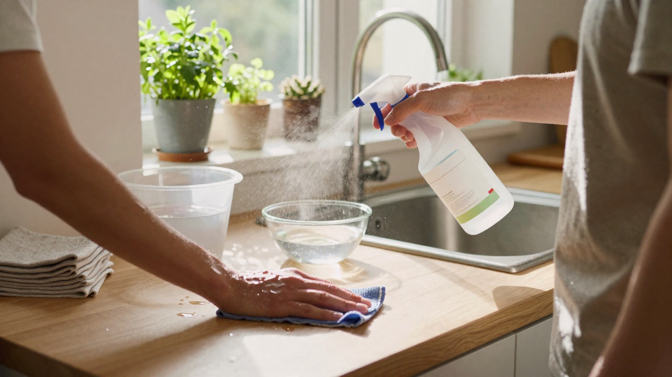 Two people cleaning a wooden kitchen countertop with a cloth and spray bottle near a window with plants.