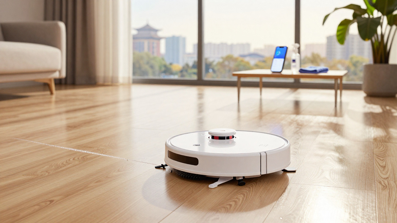 White robotic vacuum cleaner operating on wooden floor in living room with sofa, table, and city view window.