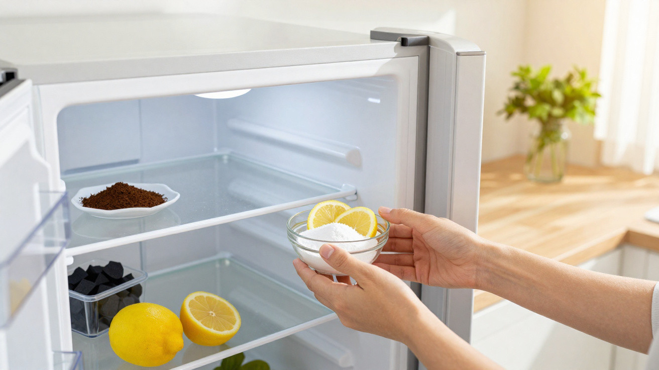 Person placing a bowl with lemon slices and salt inside a clean fridge with coffee grounds and lemons on shelves.
