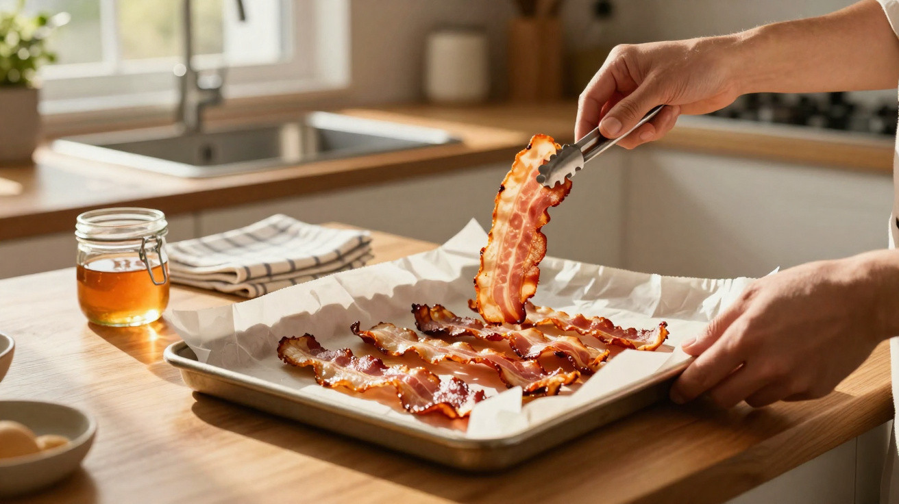 Hands using tongs to lift a crispy bacon strip from a baking tray lined with parchment paper on a wooden kitchen counter.