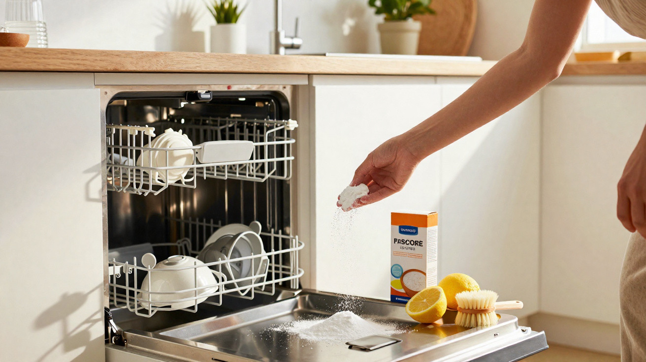 Person sprinkling cleaning powder inside an open dishwasher in a bright kitchen with lemons and brush on the counter.