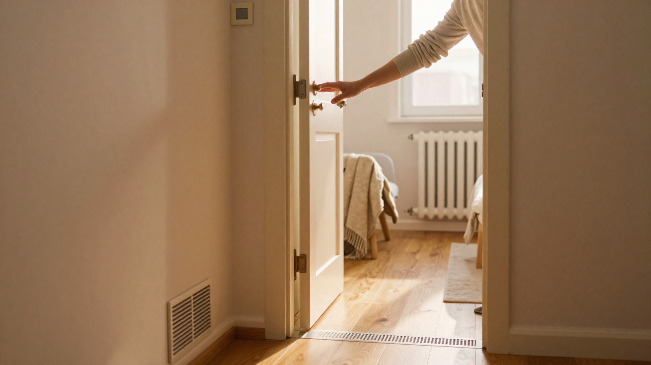 Person opening a white door into a sunlit bedroom with wooden flooring and neutral decor.