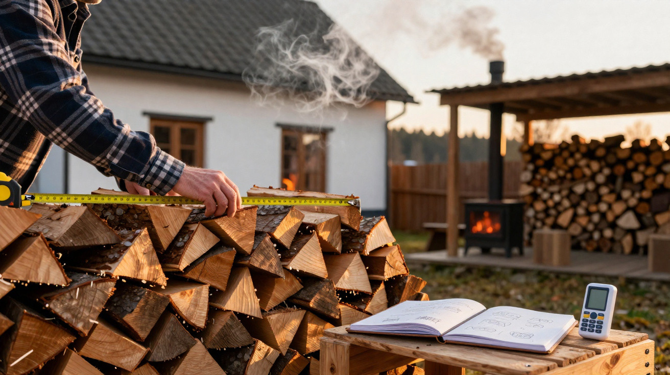 Person measuring stacked firewood in backyard with wood stove smoking and notebook nearby at sunset.