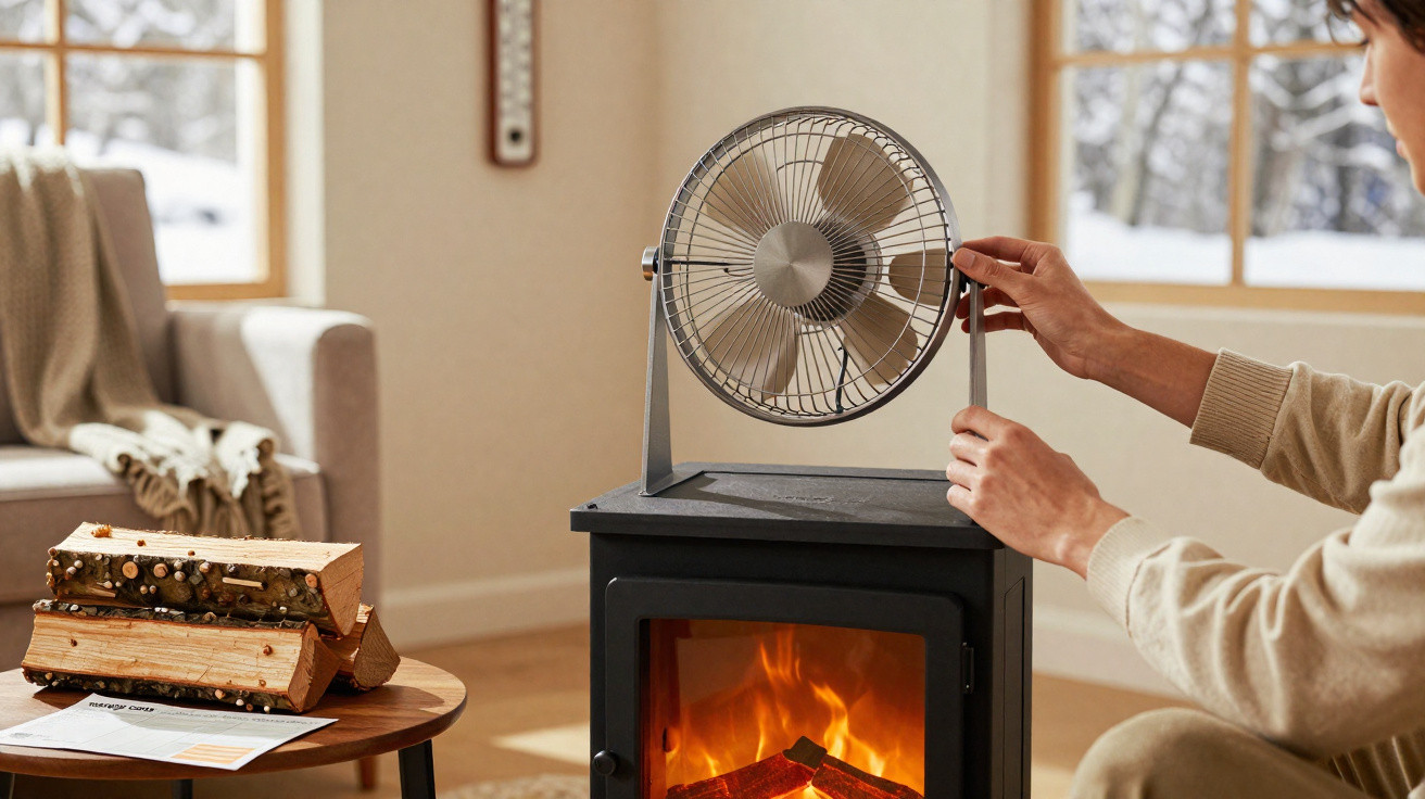 Person adjusting a metal fan on top of a wood-burning stove in a cosy living room with firewood nearby.