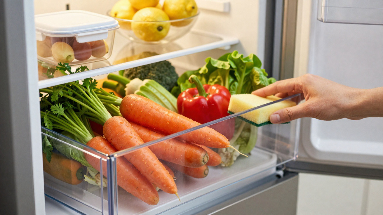 Hand cleaning the vegetable drawer of a fridge filled with fresh carrots, bell pepper, lettuce, and broccoli.