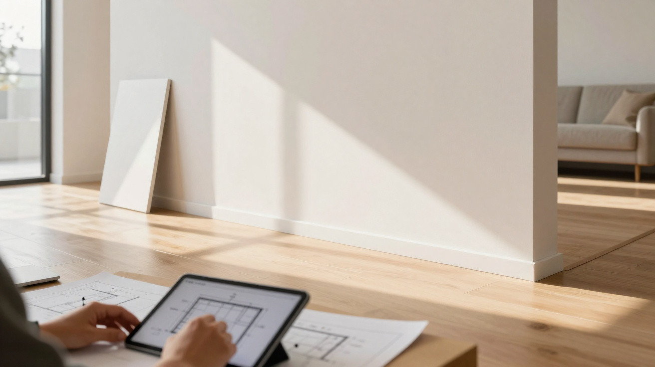 Person using a tablet and architectural blueprints on a wooden table in a bright, minimal living space.