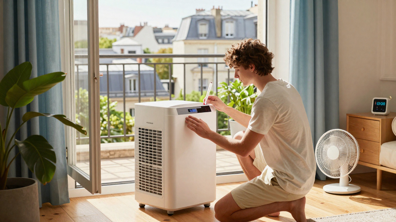 Young man adjusting settings on a portable air conditioner in a bright room with an open balcony door.