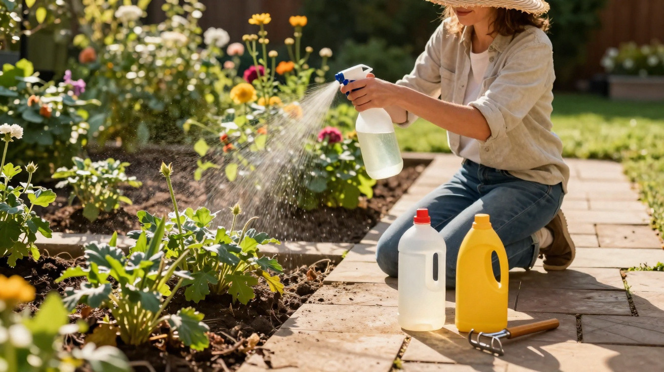 Person in hat spraying plants with water in a garden surrounded by flowers and gardening tools.