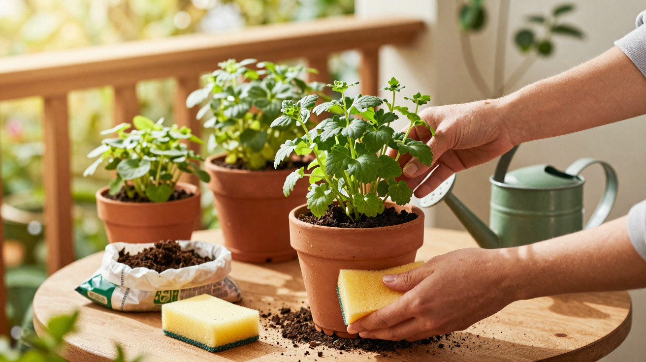 Hands cleaning soil from a potted herb plant on a round wooden table with gardening tools nearby.