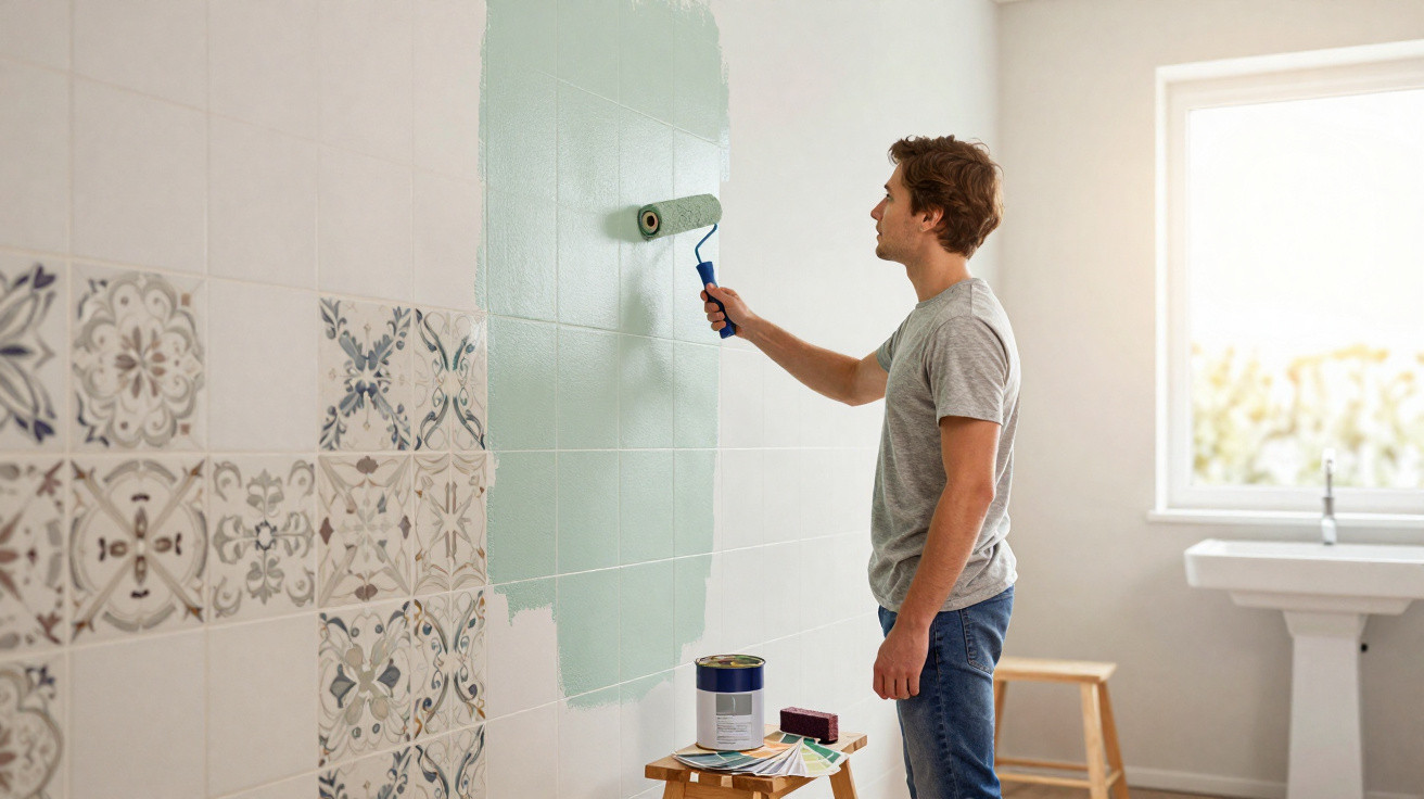 Man painting tiled wall green in bright room with window and sink nearby