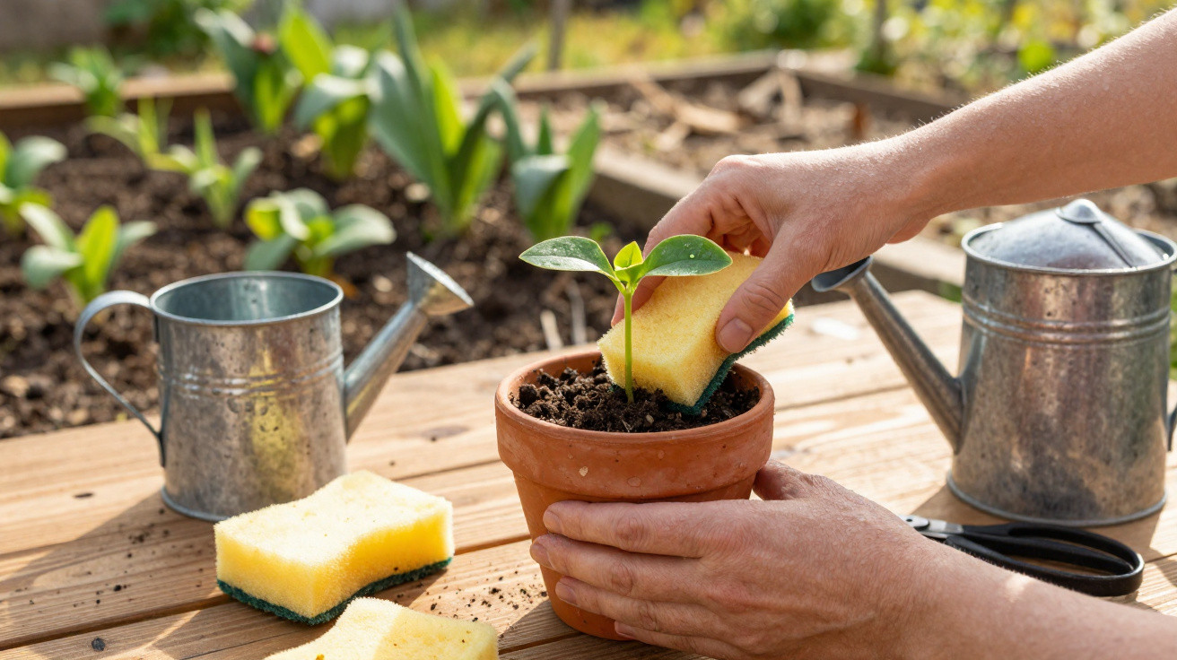 Person cleaning soil around a small plant in a terracotta pot with a yellow sponge outdoors on a wooden table.
