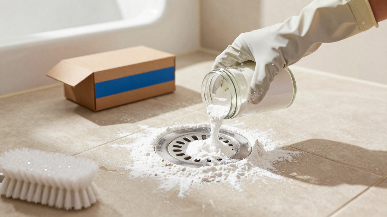 Hand wearing glove pouring white powder from jar into floor drain with brush and cardboard box nearby on tiled surface.