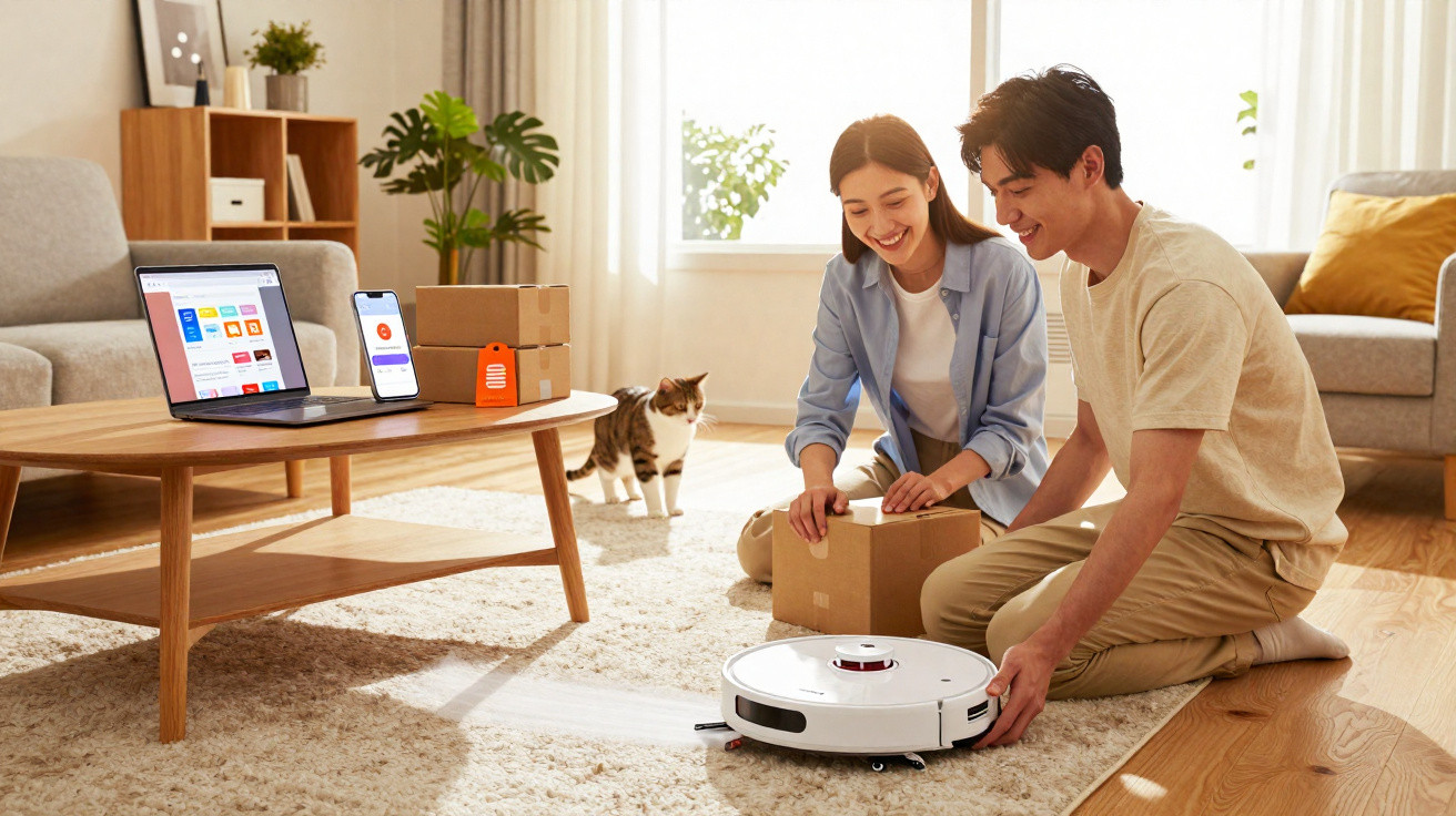 A couple unpacking a box and setting up a robot vacuum in a bright, cosy living room with a cat nearby.