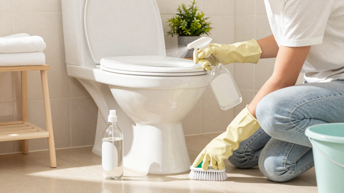 Person wearing yellow gloves cleaning a white toilet with a spray bottle and brush in a bathroom.
