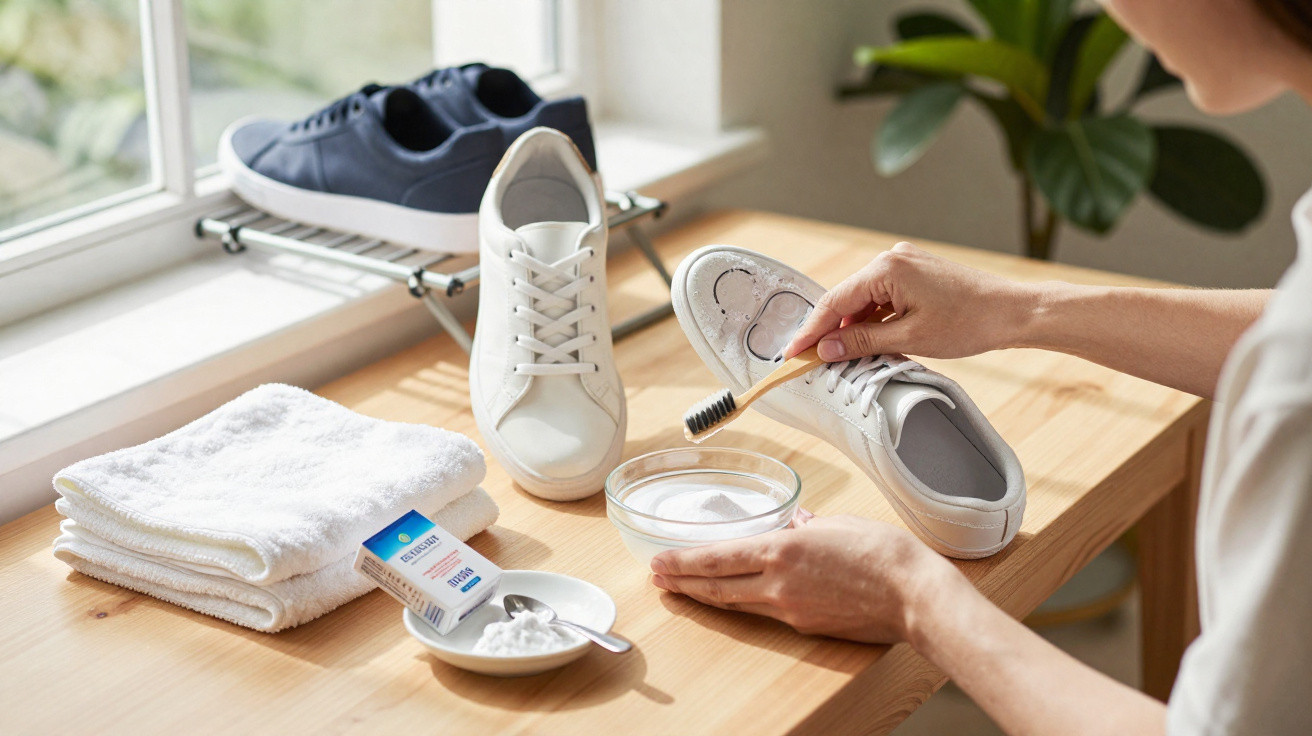 Person cleaning white sneakers with a toothbrush and baking soda on a wooden table by a window.