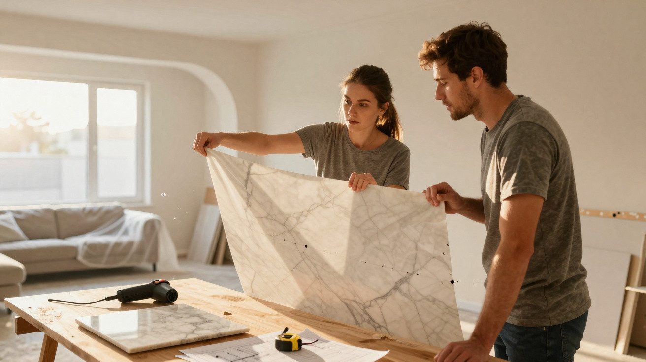 Couple examining a large marble tile in a sunlit room with tools and plans on the wooden table.