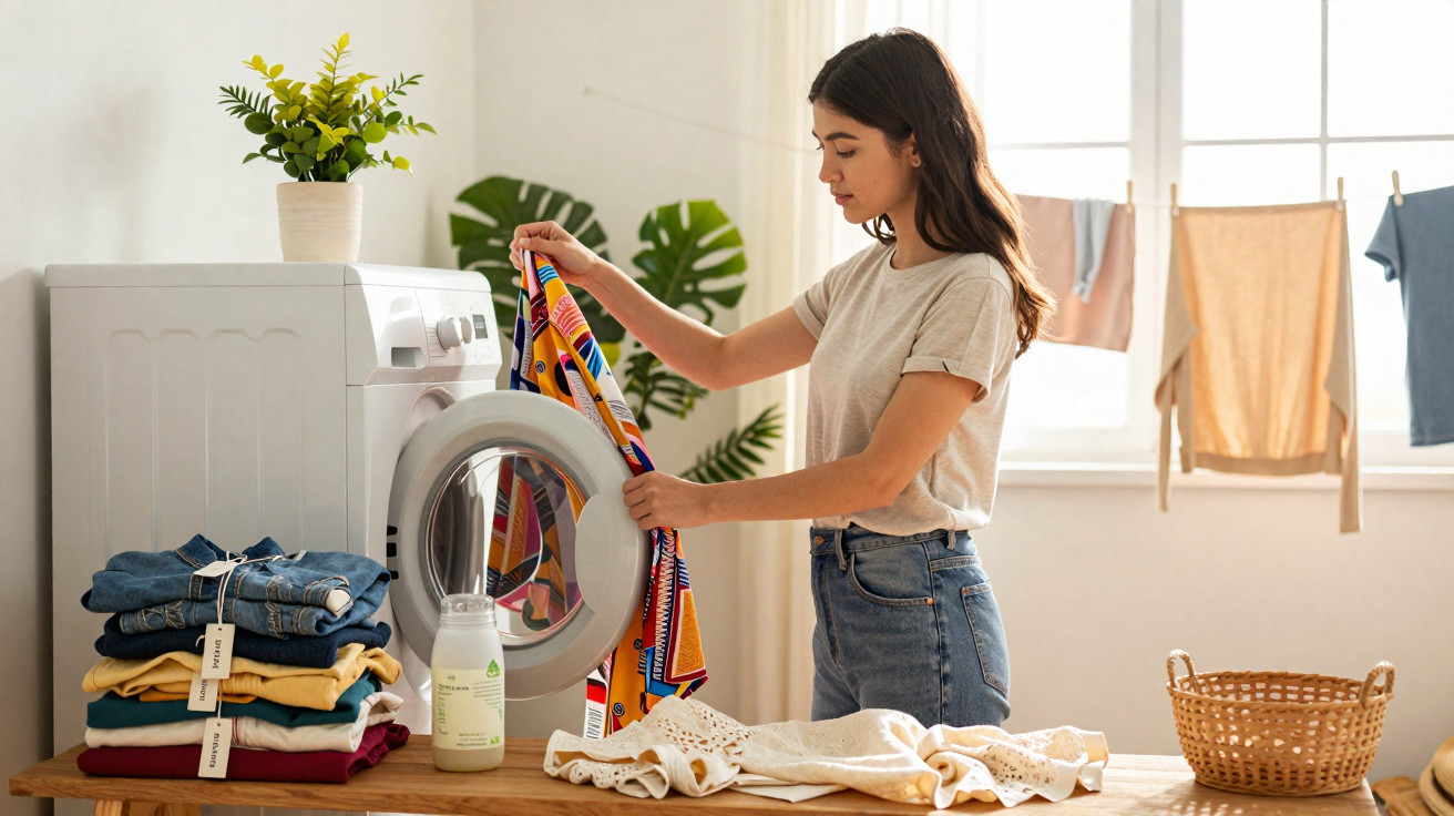 Woman loading clothes into a front-loading washing machine in a bright laundry room with a clothesline and plant.