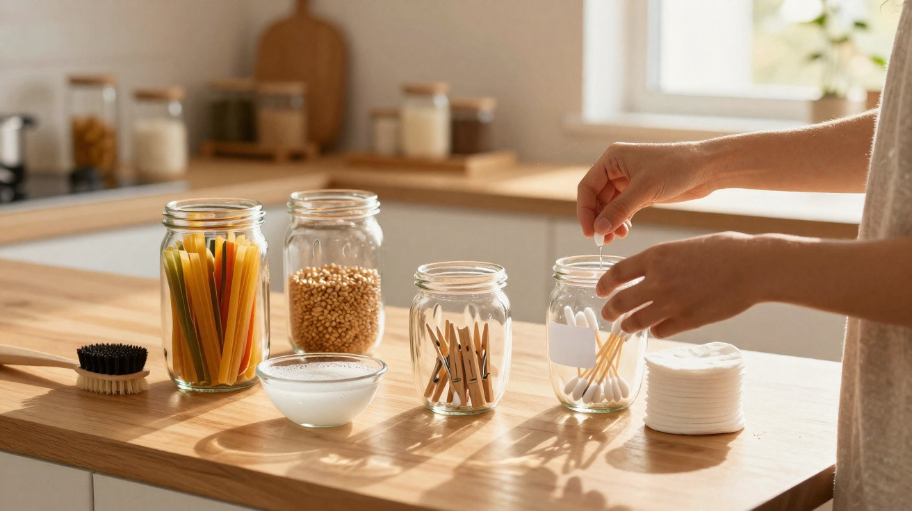 Hands placing a cotton swab into a glass jar on a wooden kitchen counter with jars of pasta, grains, and clothespins.