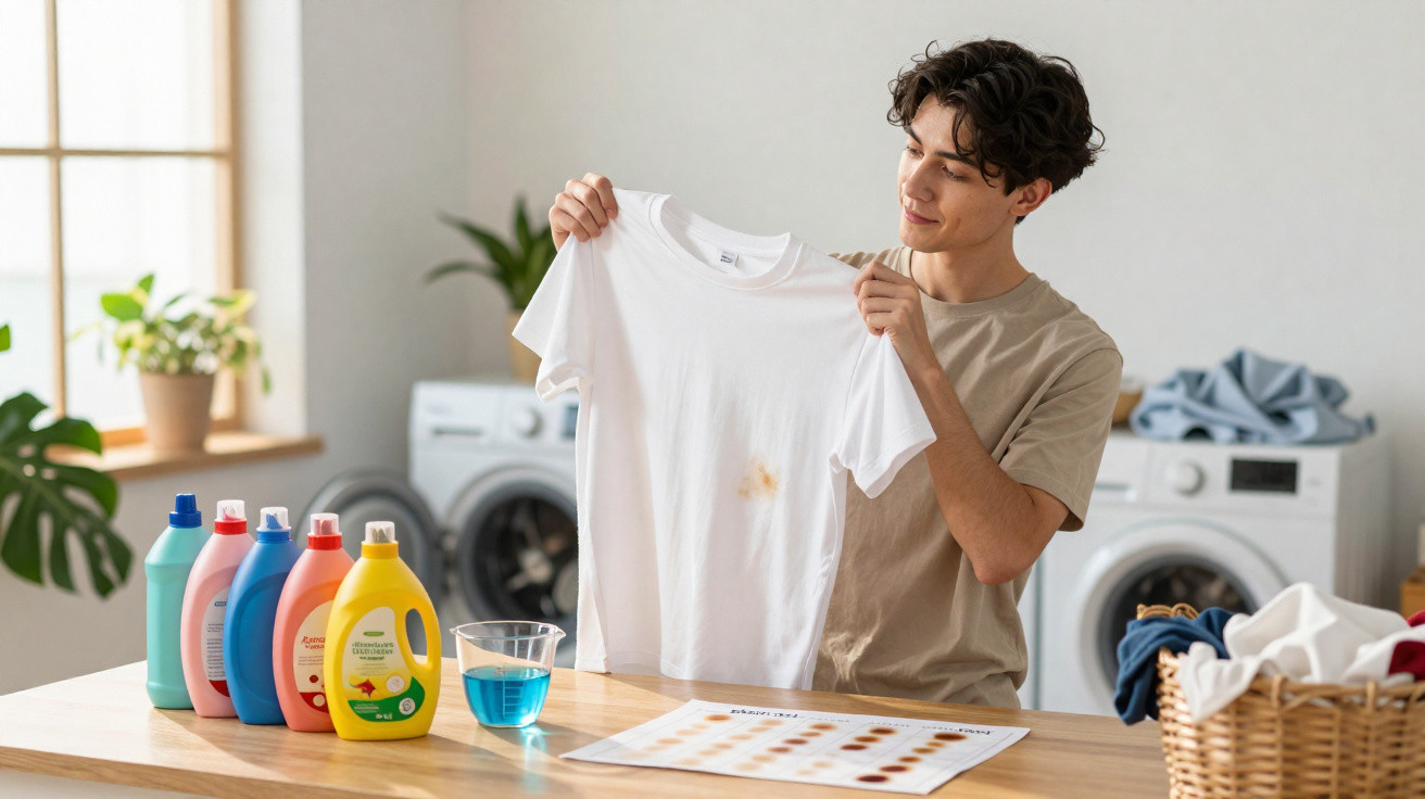 Young man holding a stained white T-shirt in a laundry room with detergent bottles on the table.