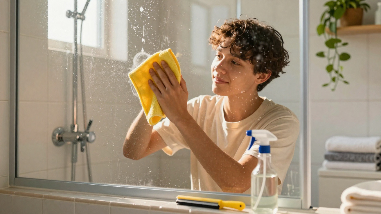 A person cleaning a bathroom mirror with a yellow cloth and spray bottle in a bright, tidy bathroom.