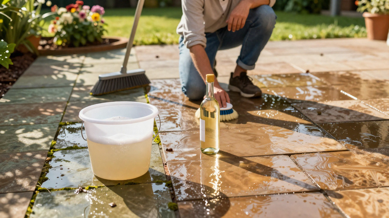 Person scrubbing wet patio tiles with brush, bucket of soapy water, and bottle on sunny garden patio.