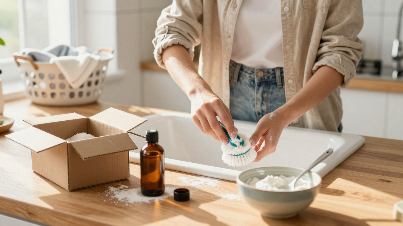 Person holding a cleaning brush over a sink with a bowl, amber bottle, and open cardboard box on a wooden countertop.