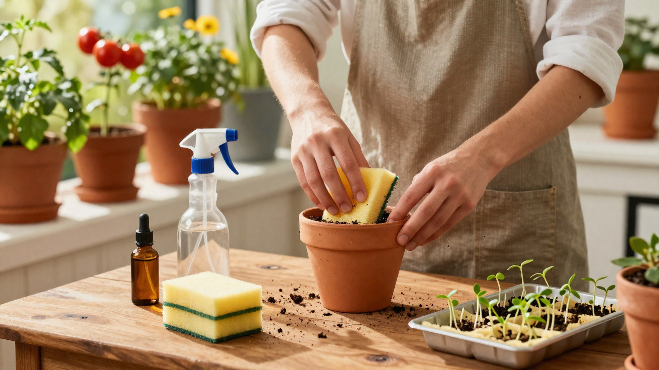 Person wearing apron preparing a terracotta pot with a sponge and seedlings on a wooden table indoors.
