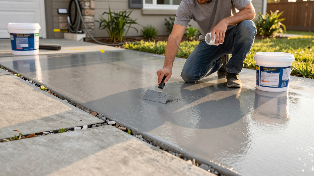 Person kneeling and smoothing wet concrete on a driveway near a house with a tool and bucket nearby.