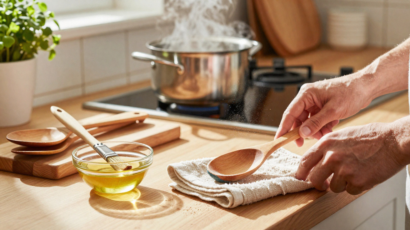 Hands holding a wooden spoon dusted with flour over a towel on a kitchen counter with cooking utensils nearby.