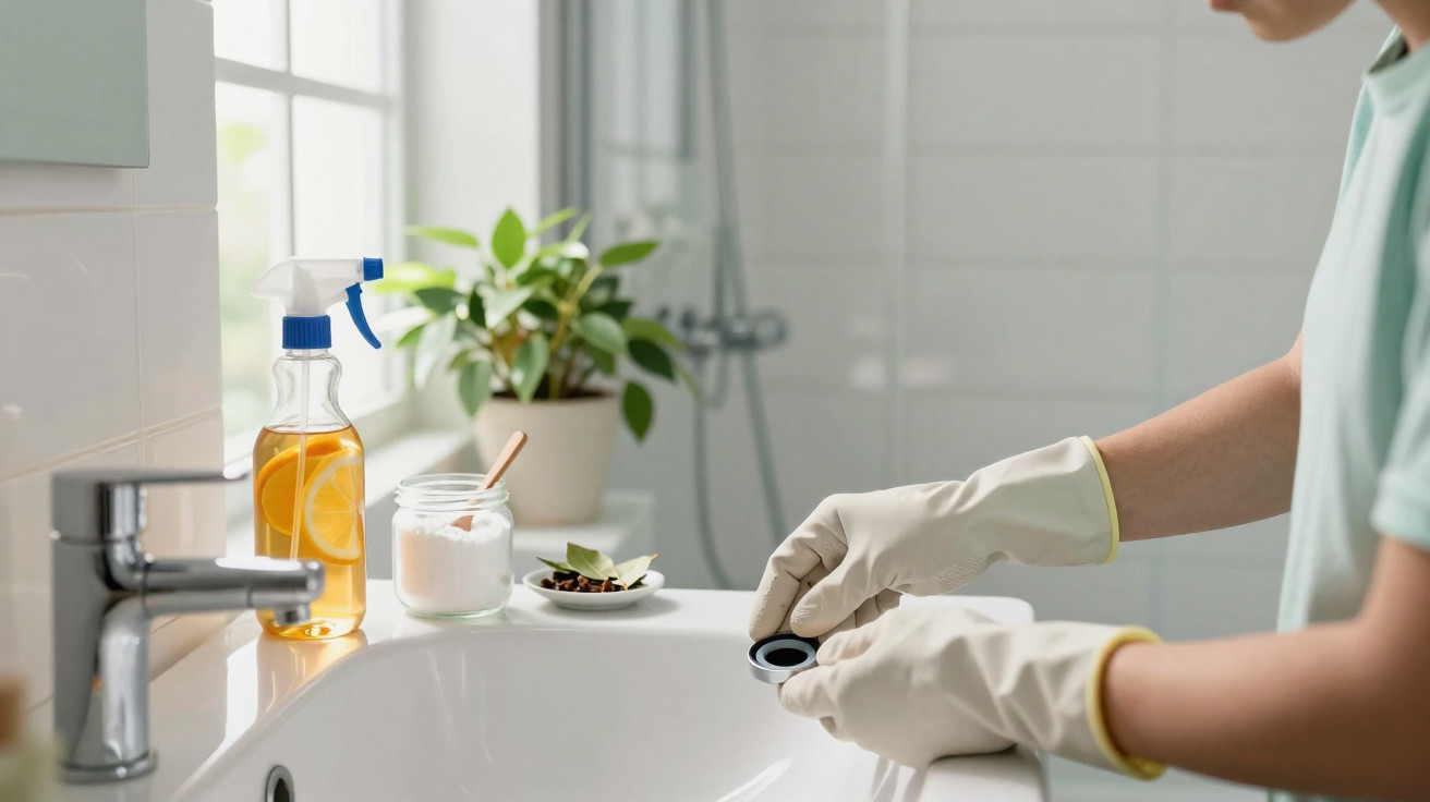 Person wearing gloves cleaning a bathroom sink drain with natural cleaning products nearby.