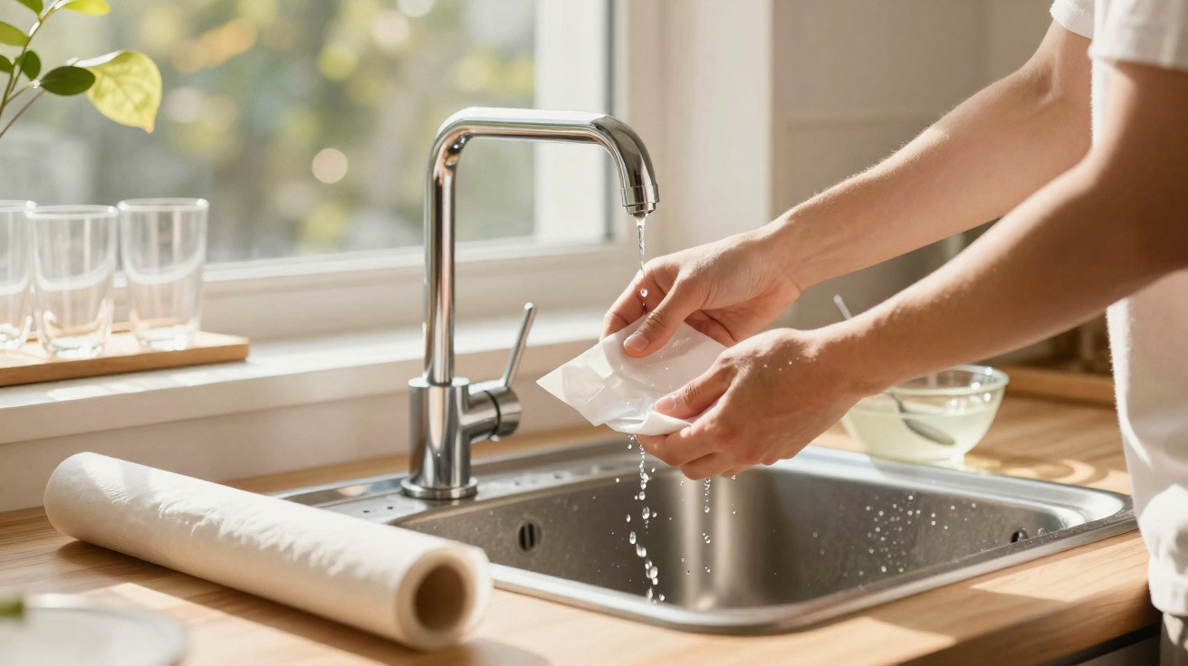Person rinsing a white dish under a kitchen tap with sunlight through the window in the background.