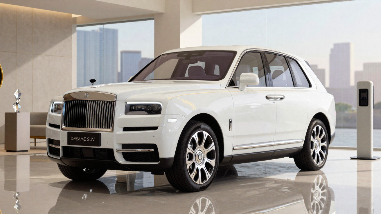 White luxury Rolls-Royce SUV parked in a modern showroom with city skyline visible through windows.