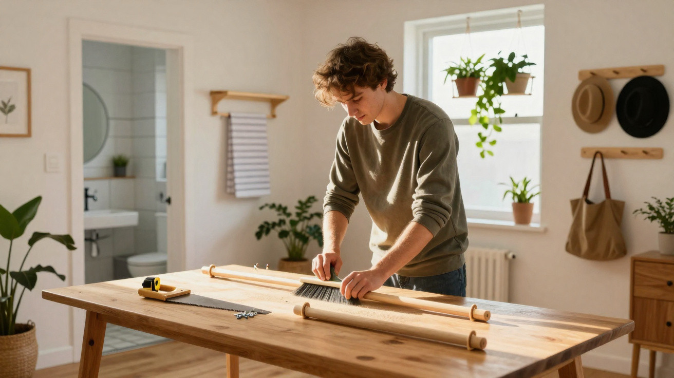 Young man assembling wooden blinds on a table in a bright, plant-filled room with natural light.