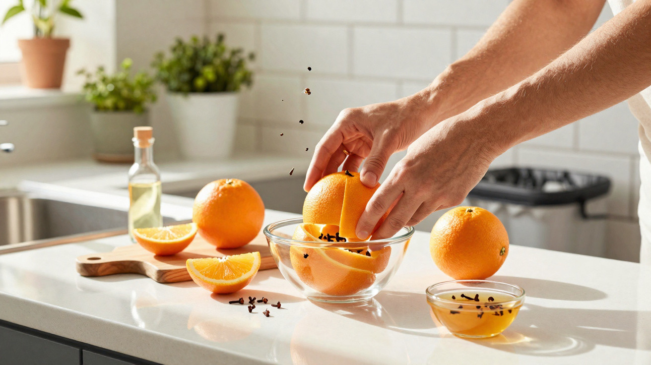 Hands inserting cloves into orange halves in a glass bowl on a kitchen counter with oranges and honey.