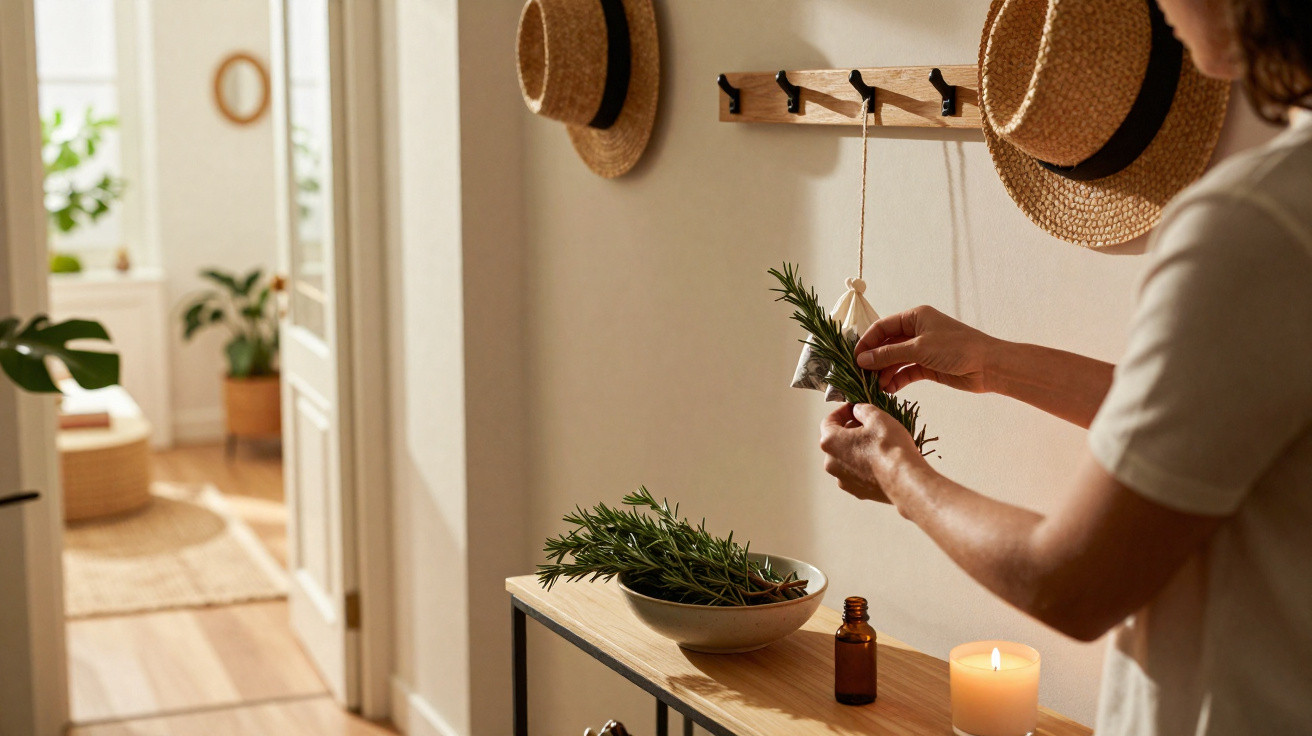 Person placing a sprig of rosemary with a small bell on a wooden wall hook in a sunlit hallway.