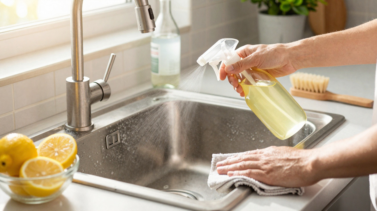 Hands cleaning a stainless steel kitchen sink with a spray bottle and cloth beside a bowl of lemons.