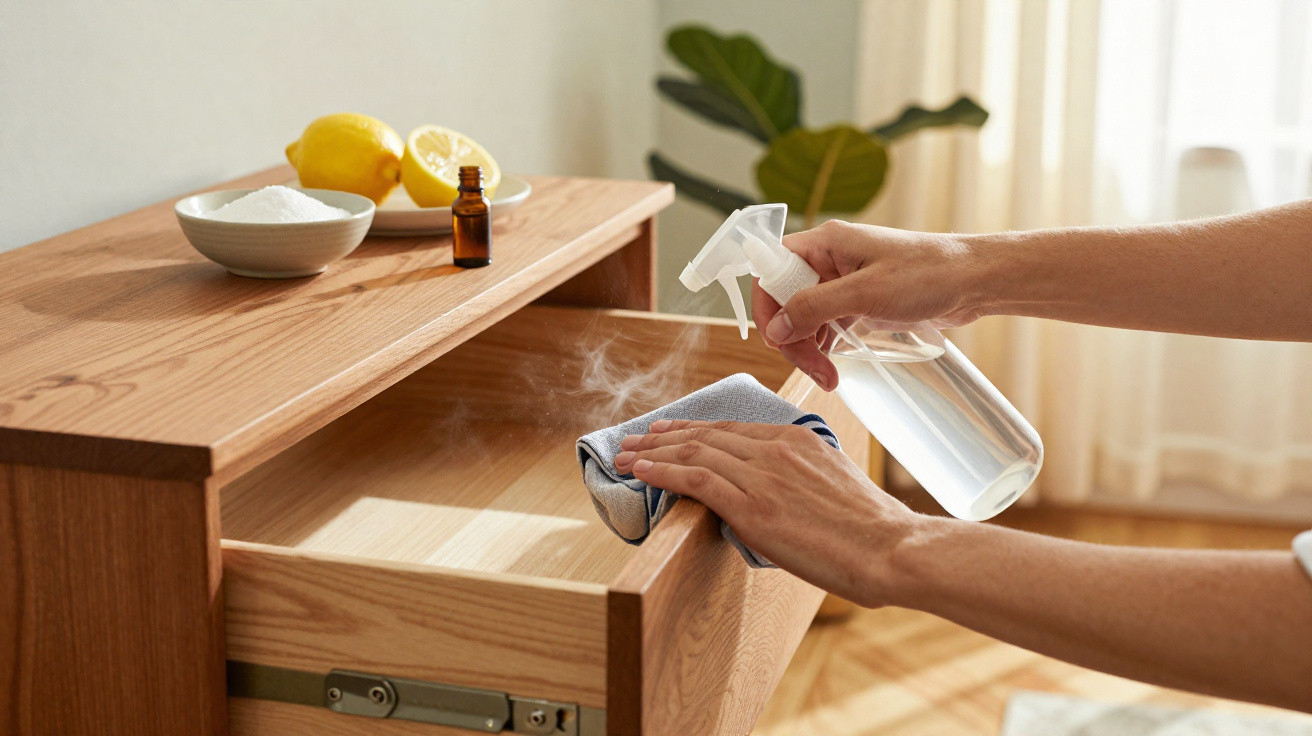 Person cleaning a wooden drawer with a spray bottle and cloth, lemon and cleaning ingredients on top.